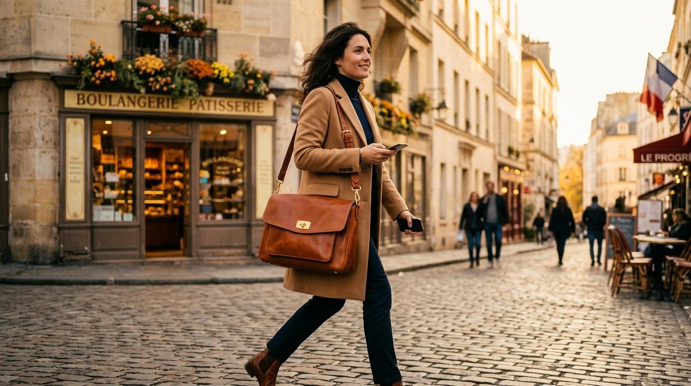 Femme souriante marchant dans une rue parisienne avec boulangerie