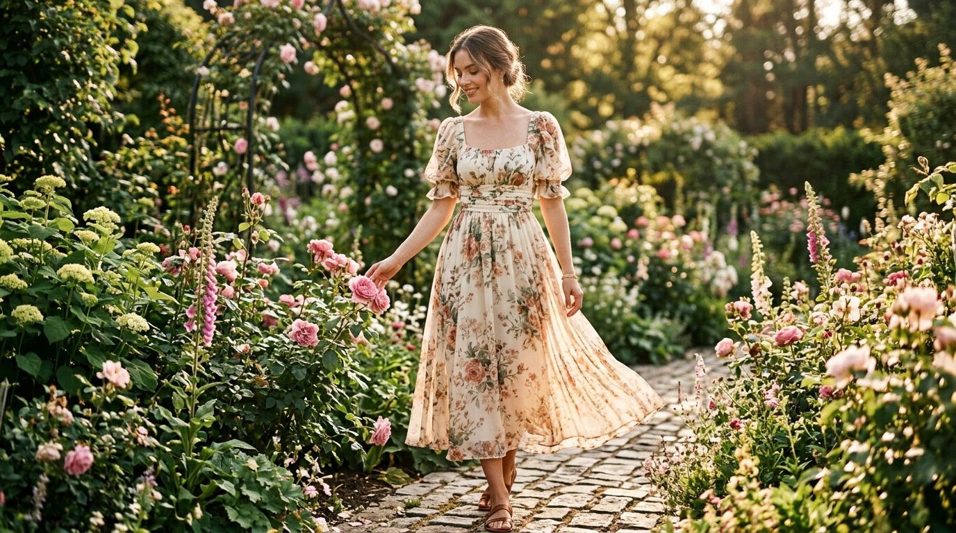 Femme en robe fleurie marchant dans un jardin de roses