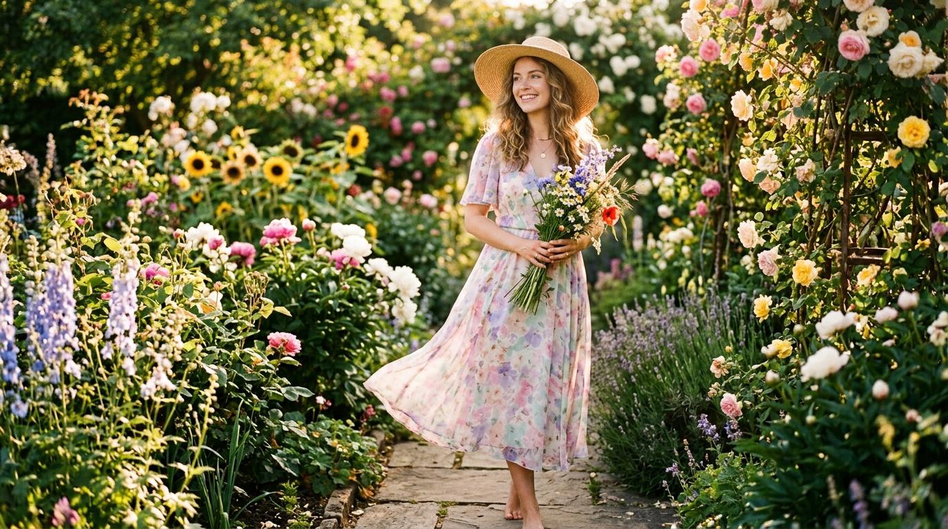 Femme en robe fleurie tenant un bouquet dans un jardin color&eacute;
