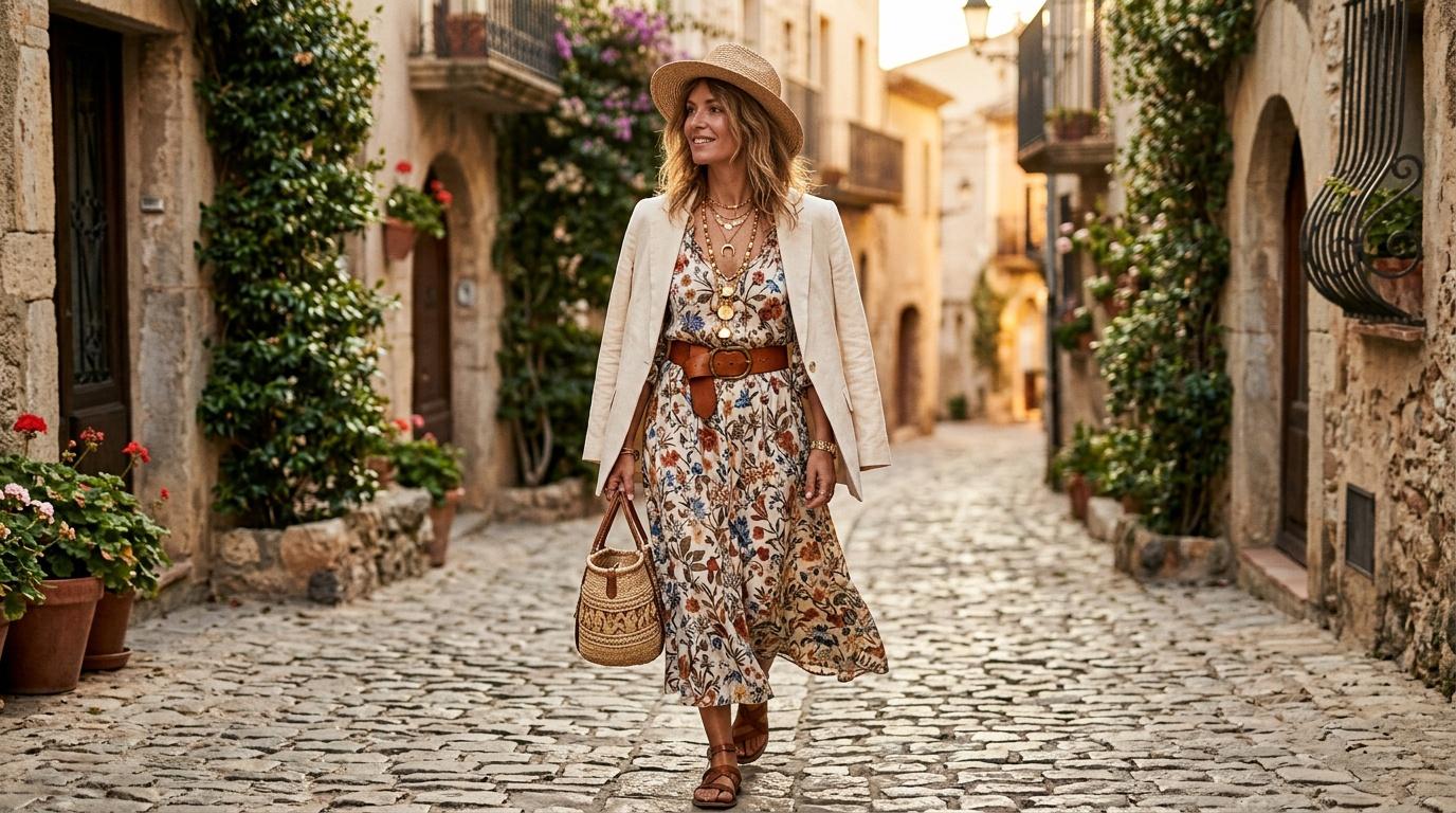Femme élégante marchant dans une rue pavée européenne ancienne