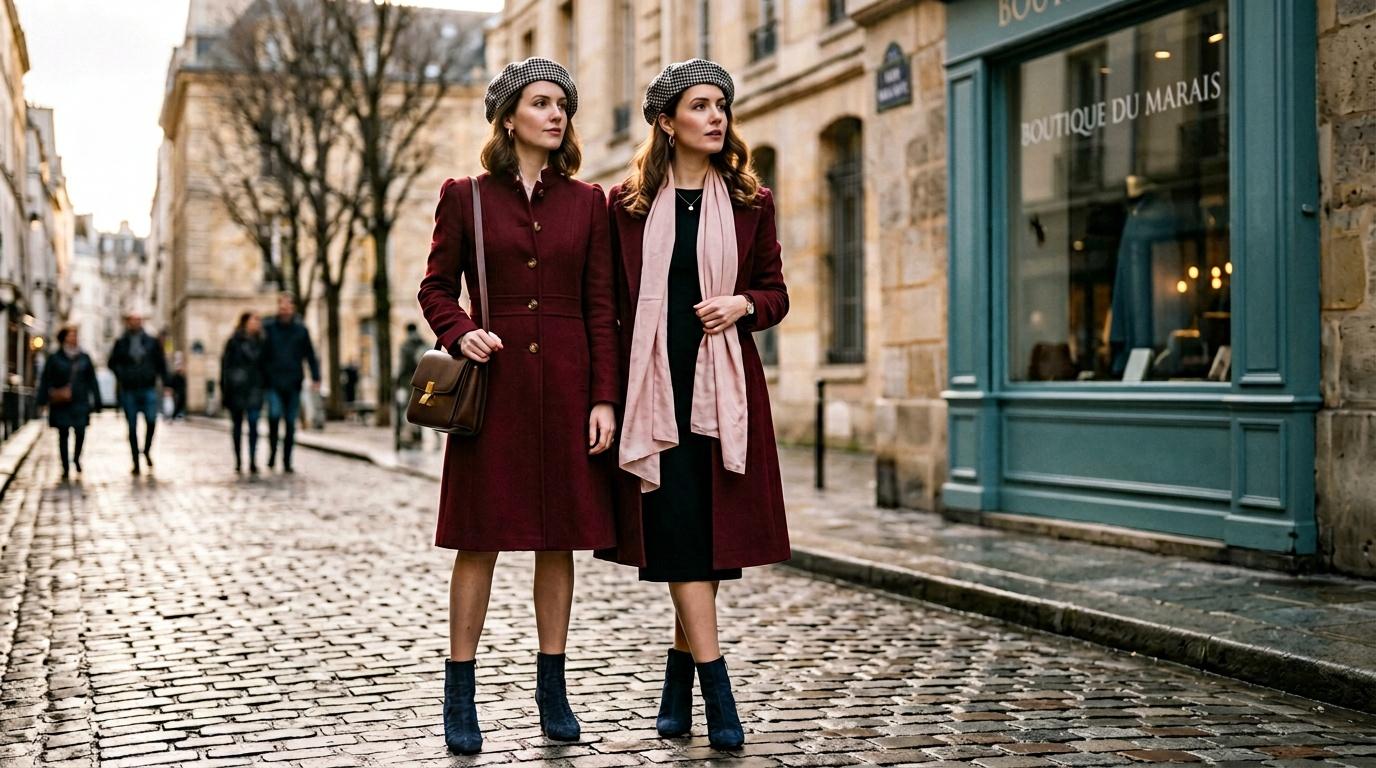 Deux femmes marchent dans une rue pavée parisienne