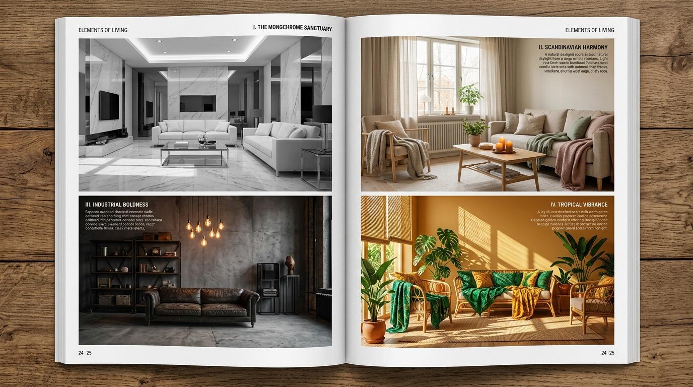 Livre ouvert pr&eacute;sentant quatre styles de d&eacute;coration int&eacute;rieure diff&eacute;rents