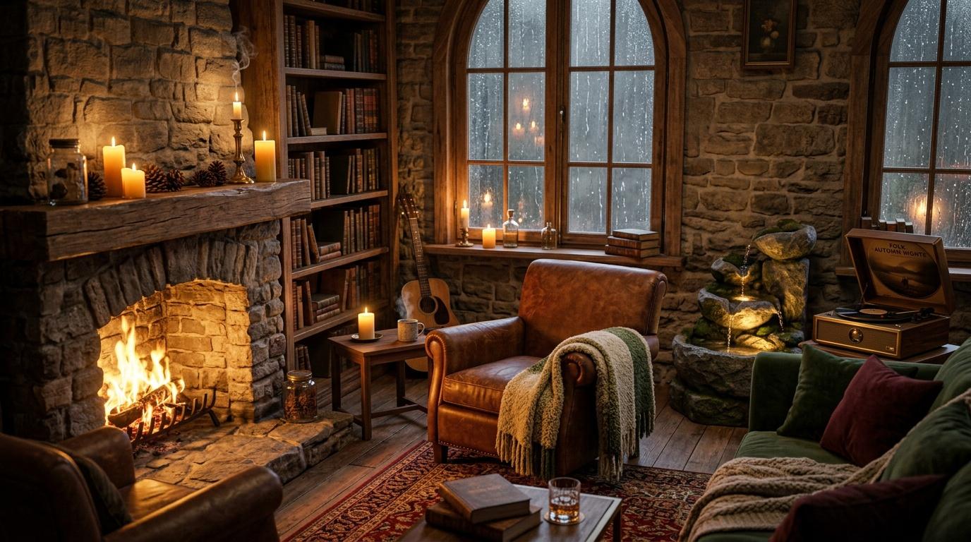 Salon chaleureux avec chemin&eacute;e active, livres et pluie dehors