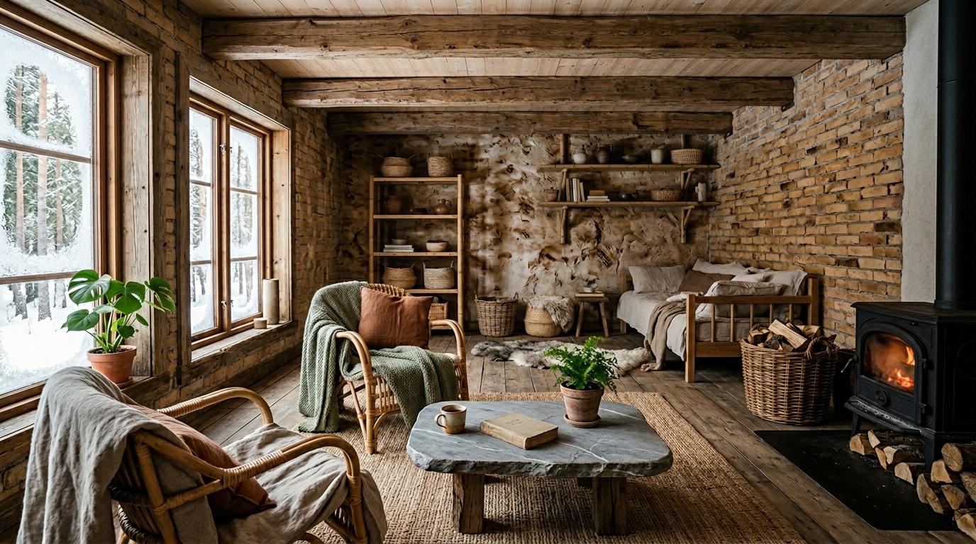 Int&eacute;rieur cosy avec briques, chemin&eacute;e et mobilier bois naturel