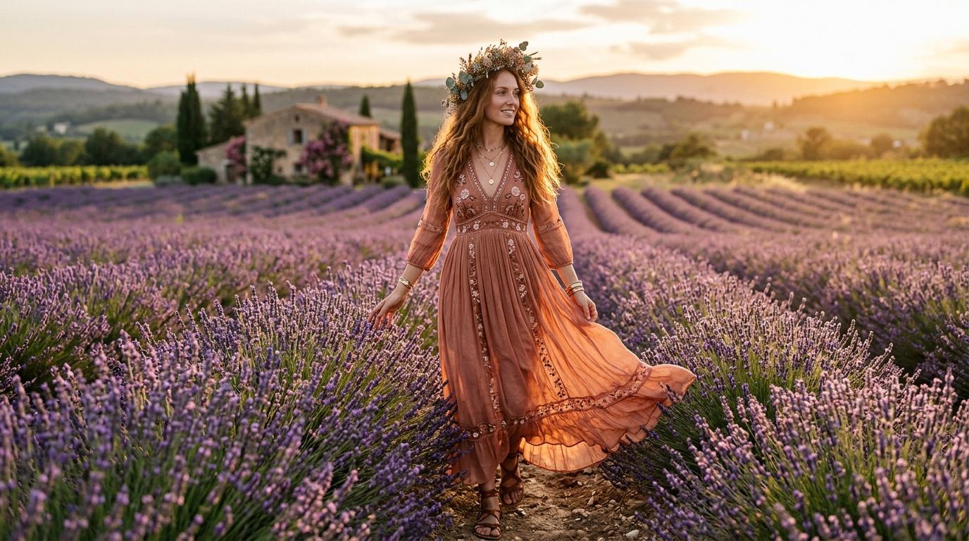 Femme en robe dorée dans les champs de lavande pourpre