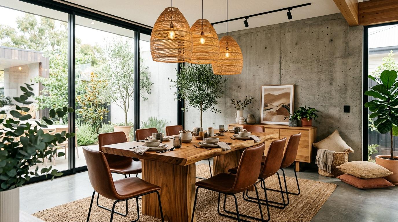 Salle &agrave; manger contemporaine avec table en bois et luminaires en rotin