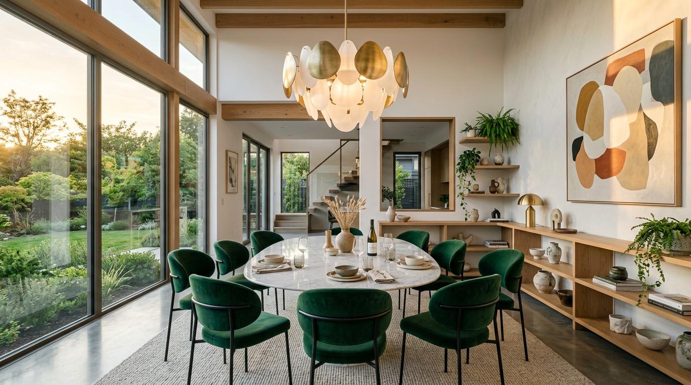Salle à manger élégante avec chaises vertes et baies vitrées