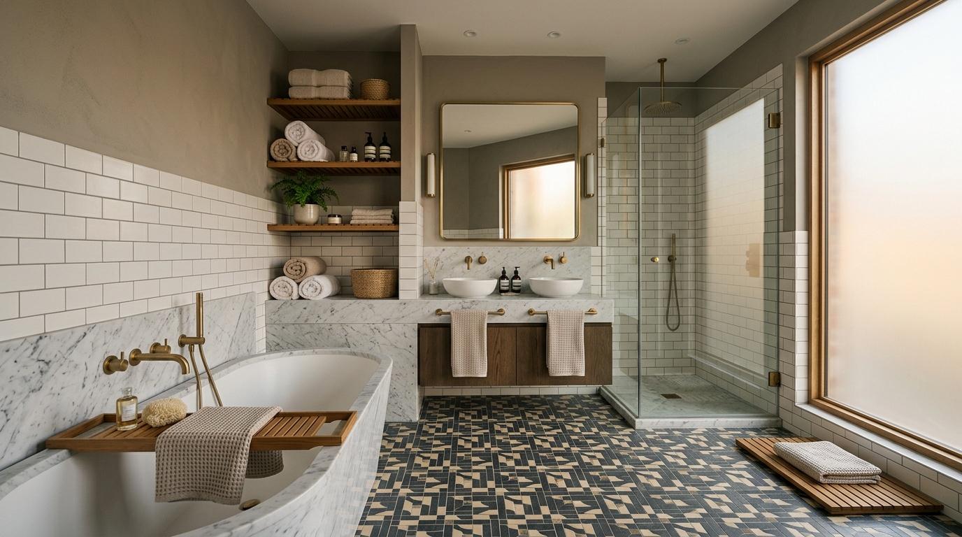 Salle de bain spacieuse avec baignoire marbre et douche vitr&eacute;e