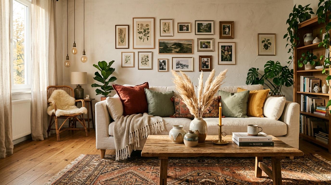Salon moderne avec canap&eacute; beige, plantes vertes et cadres muraux