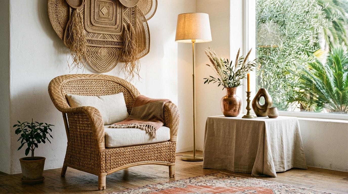 Fauteuil en rotin dans int&eacute;rieur boh&egrave;me avec plantes et d&eacute;coration naturelle