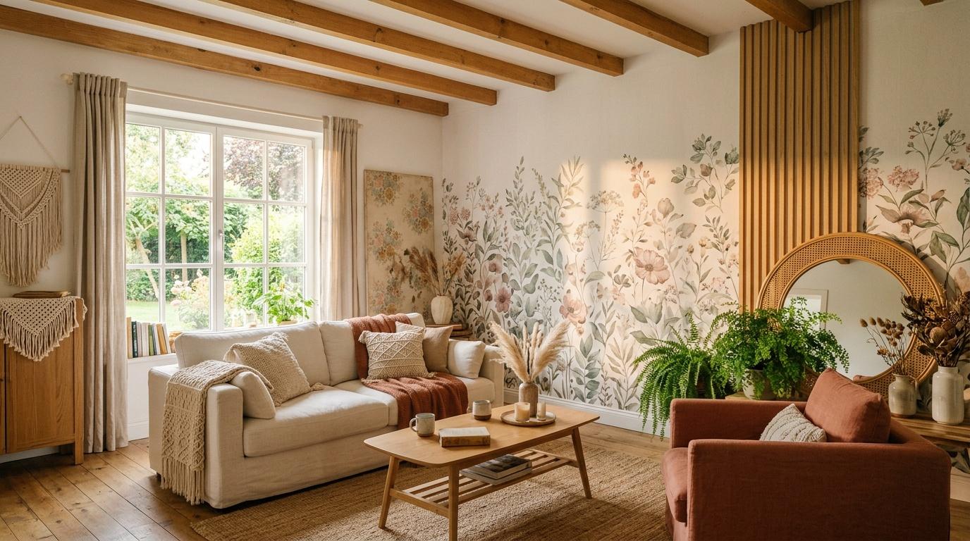 Salon lumineux avec canap&eacute;s, papier peint fleuri, poutres bois