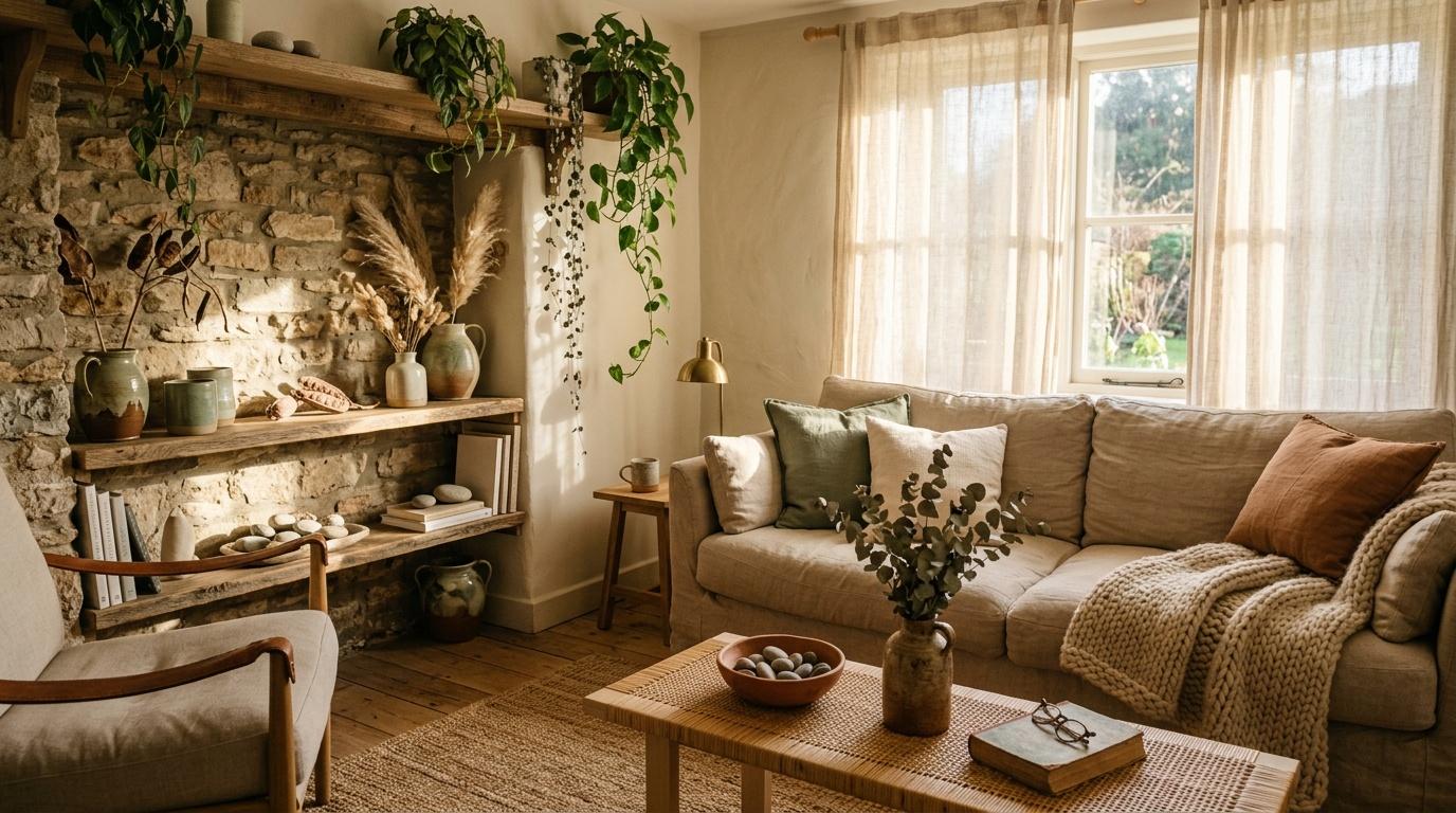 Salon cosy avec canap&eacute; beige, chemin&eacute;e en pierre et plantes vertes