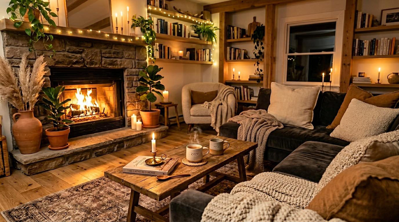 Séjour cosy avec cheminée, canapés et éclairage tamisé