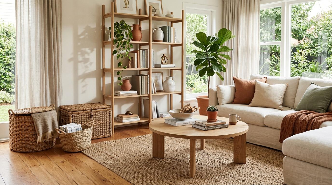 Salon lumineux avec canap&eacute; beige, meubles bois et plantes vertes