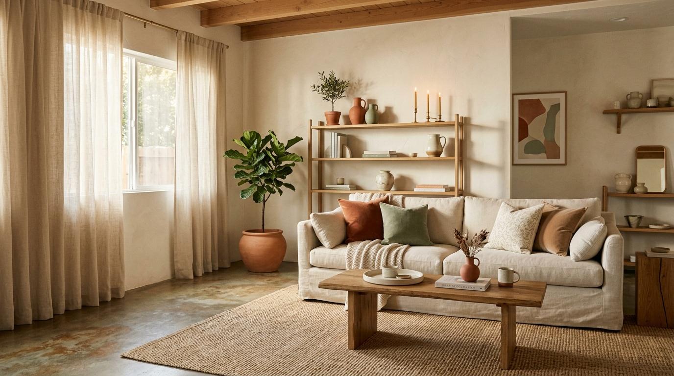 Salon moderne avec canapé beige, étagères en bois et plantes décoratives