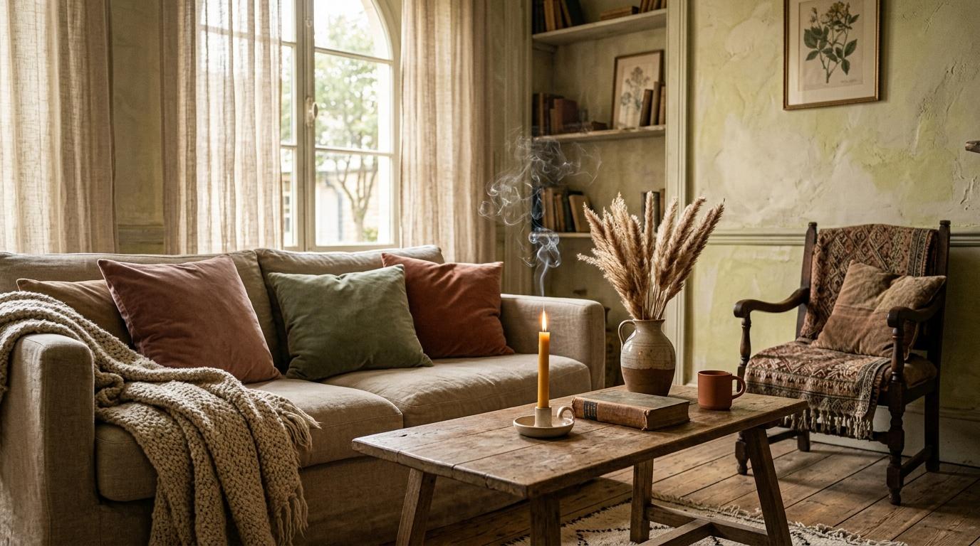 Salon &eacute;l&eacute;gant avec sofa beige, fauteuil bois, table rustique et d&eacute;coration naturelle