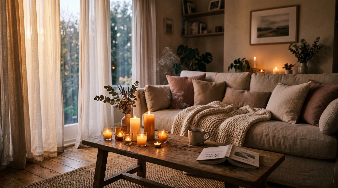 Salon cosy avec canap&eacute;, bougies allum&eacute;es et vue sur nature
