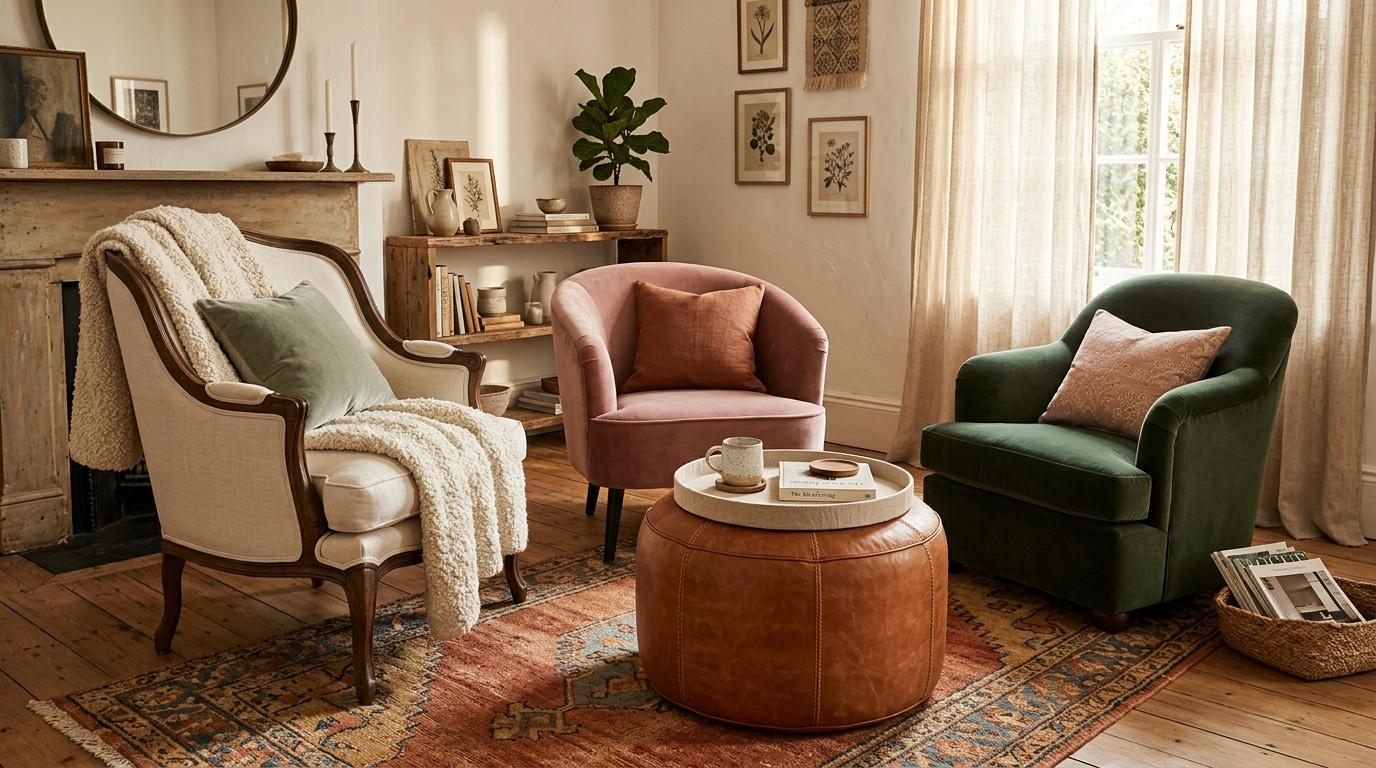 Salon chaleureux avec fauteuils colorés autour d'un pouf cuir