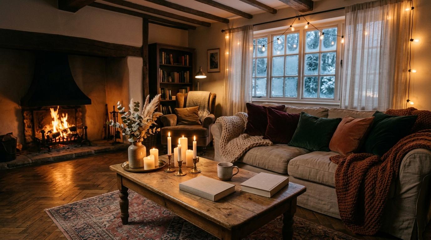 Salon chaleureux avec chemin&eacute;e, canap&eacute; et d&eacute;coration hivernale.