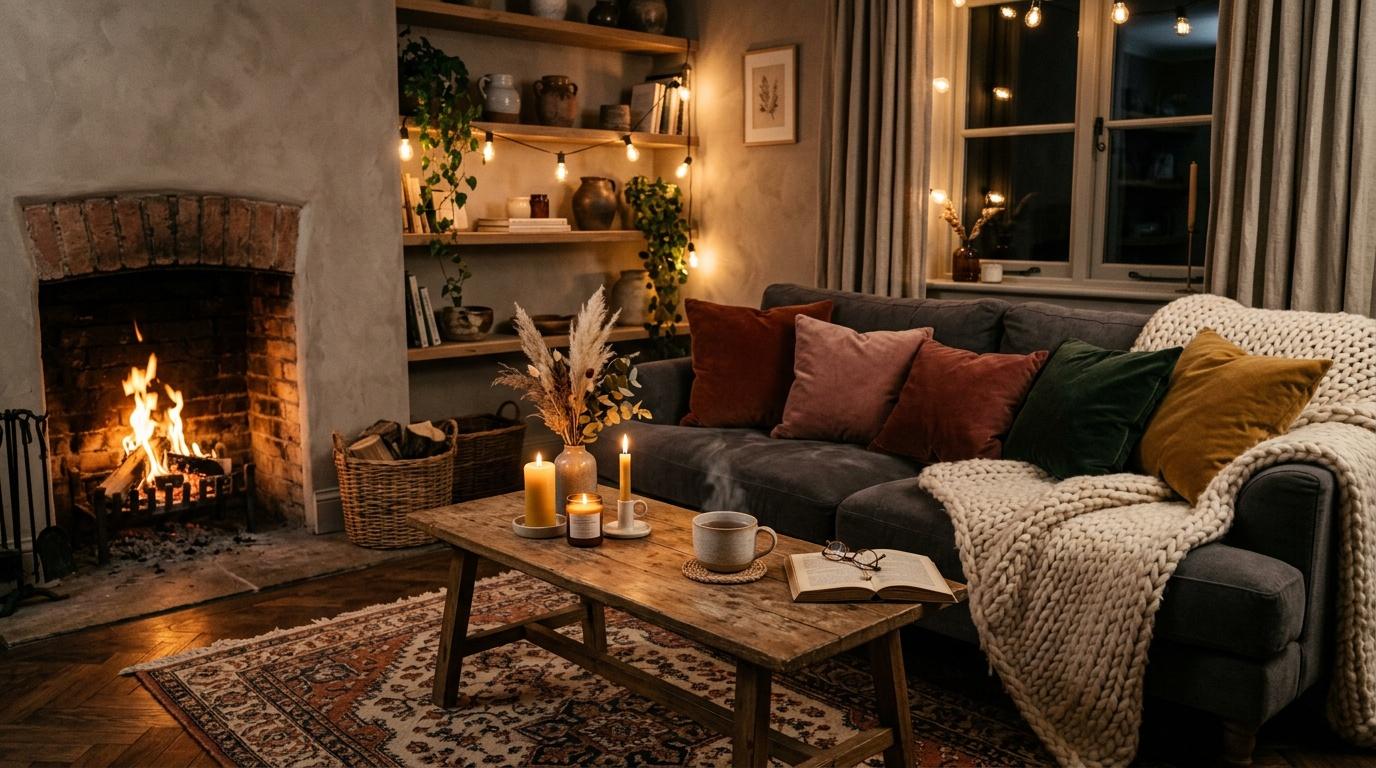 Salon chaleureux illuminé avec feu de cheminée et décoration d'automne
