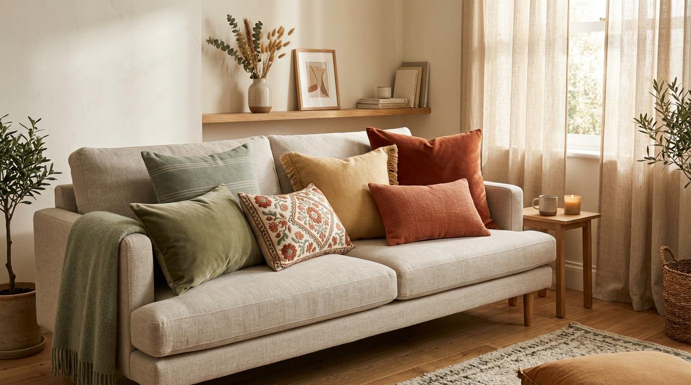 Canapé beige avec coussins colorés dans un intérieur lumineux