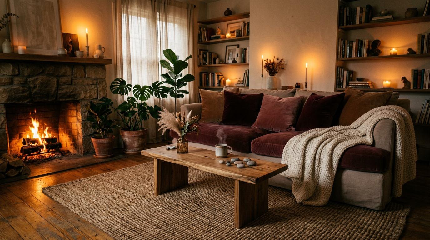 Salon chaleureux avec chemin&eacute;e allum&eacute;e, canap&eacute; et bougies