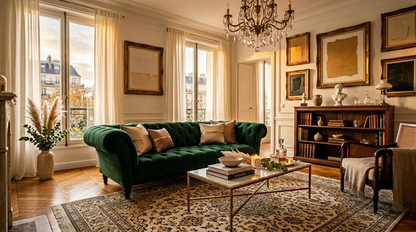 Salon luxueux avec canapé vert, fenêtres parisiennes, chandelier