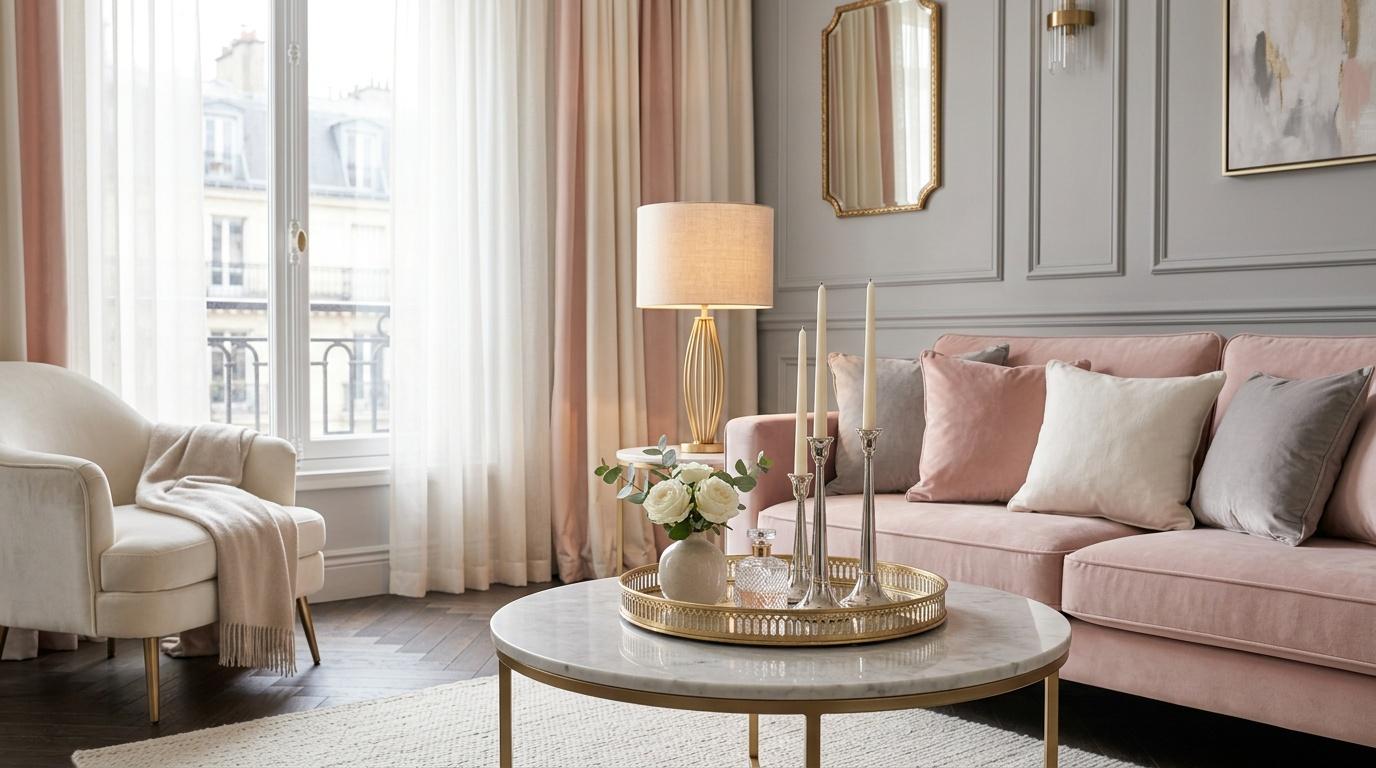 Salon luxueux rose et beige avec canap&eacute;, fauteuil, fen&ecirc;tres parisiennes