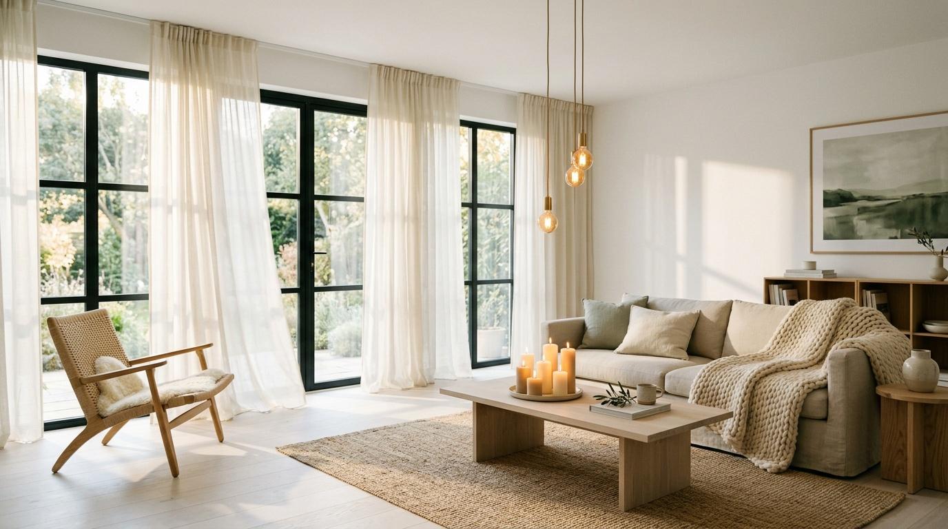 Salon contemporain avec canapé beige, grandes fenêtres et mobilier en bois