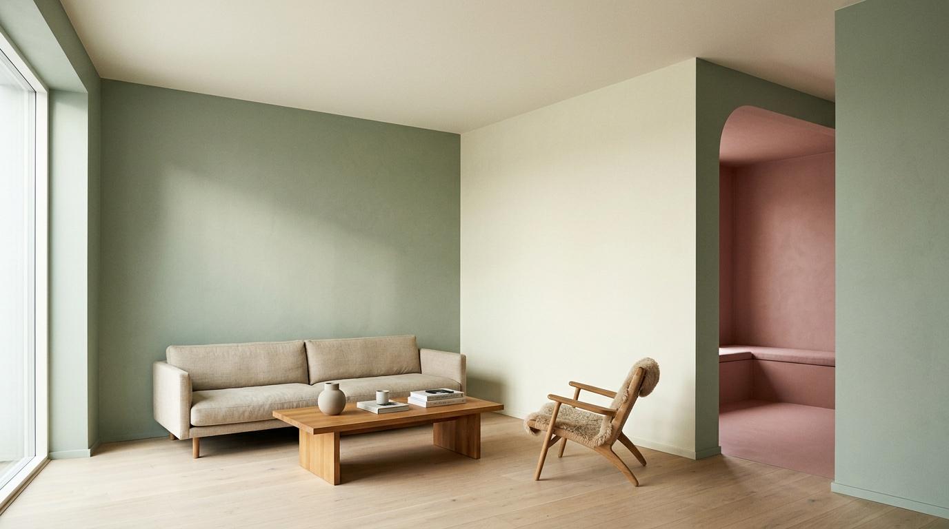 Intérieur moderne avec canapé beige, table bois et chaise.