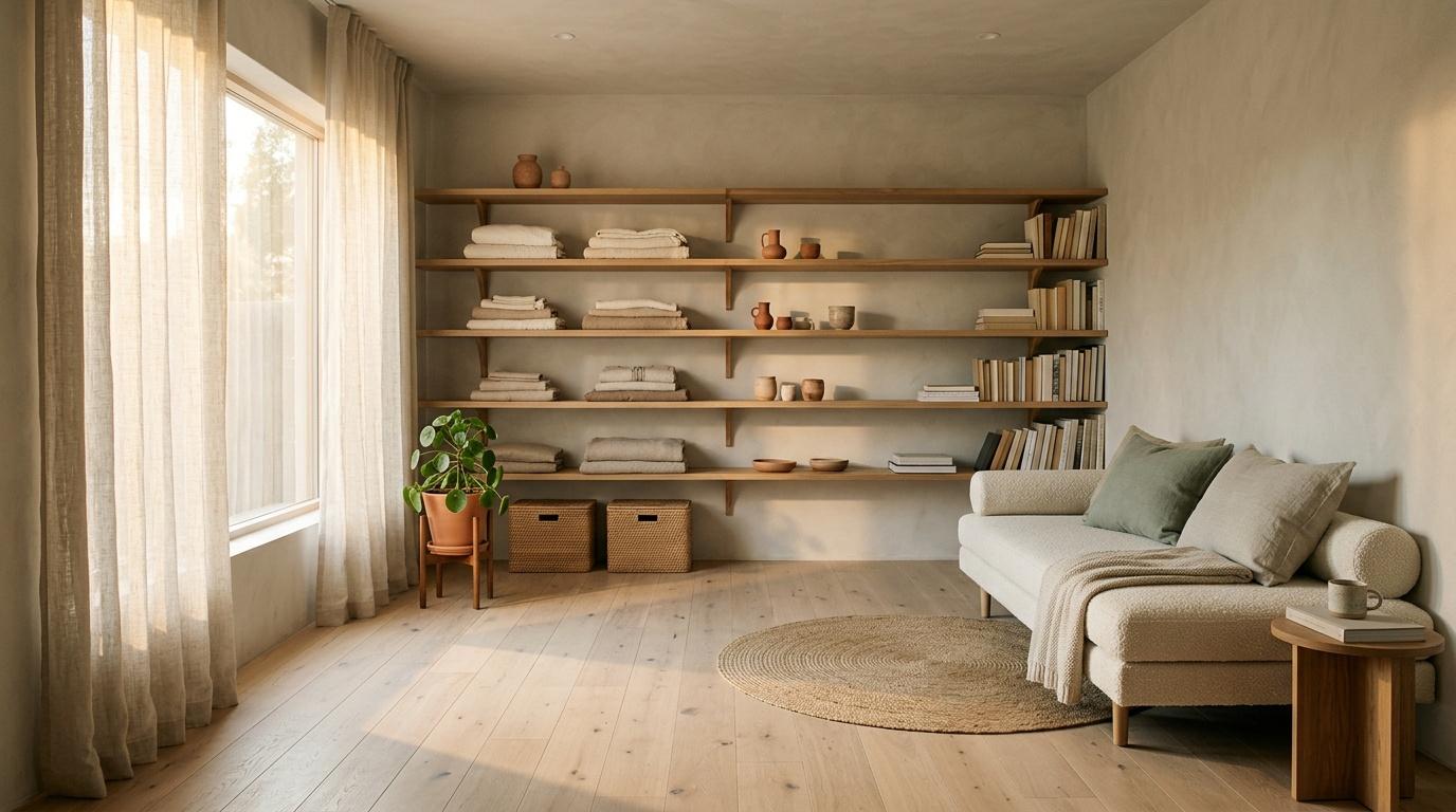 Pi&egrave;ce lumineuse avec canap&eacute; beige, &eacute;tag&egrave;res bois et d&eacute;coration naturelle