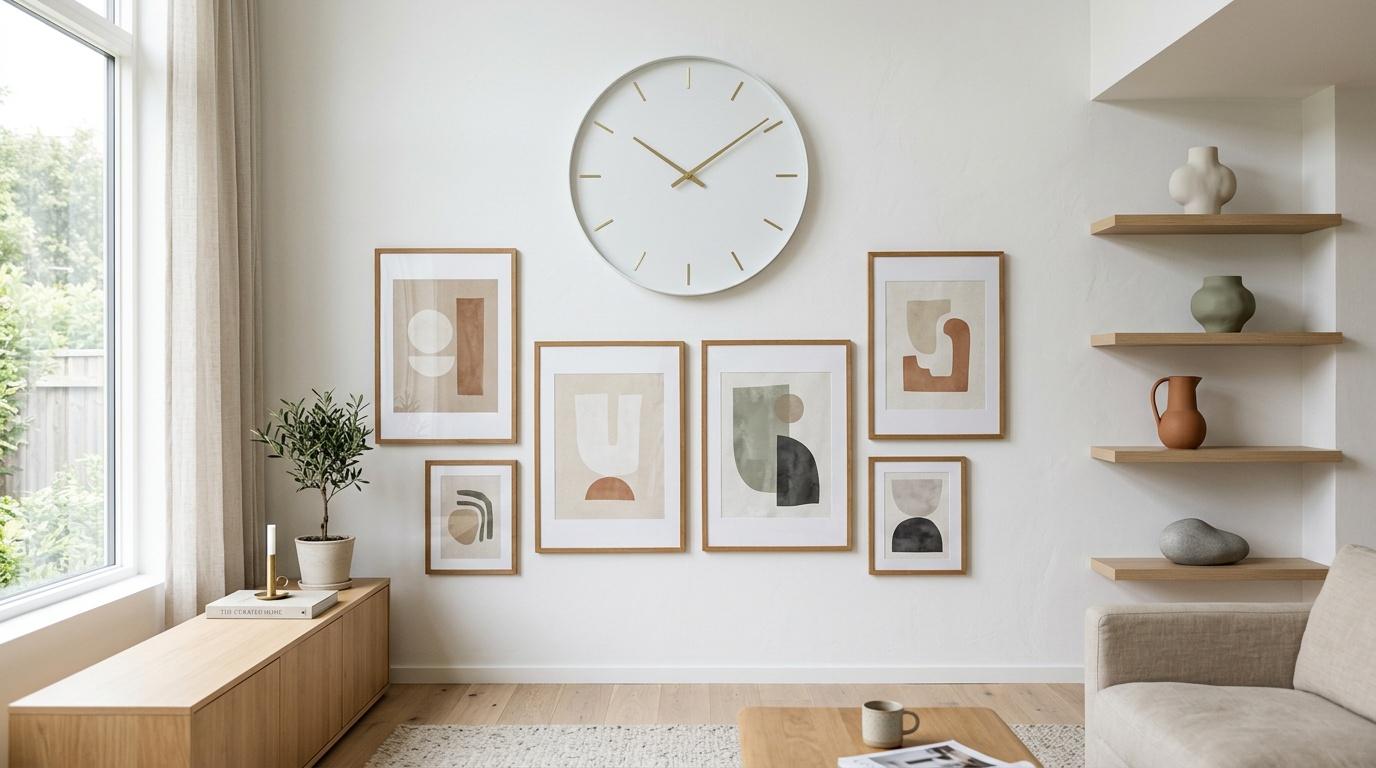 Int&eacute;rieur &eacute;pur&eacute; avec horloge, cadres et &eacute;tag&egrave;res bois