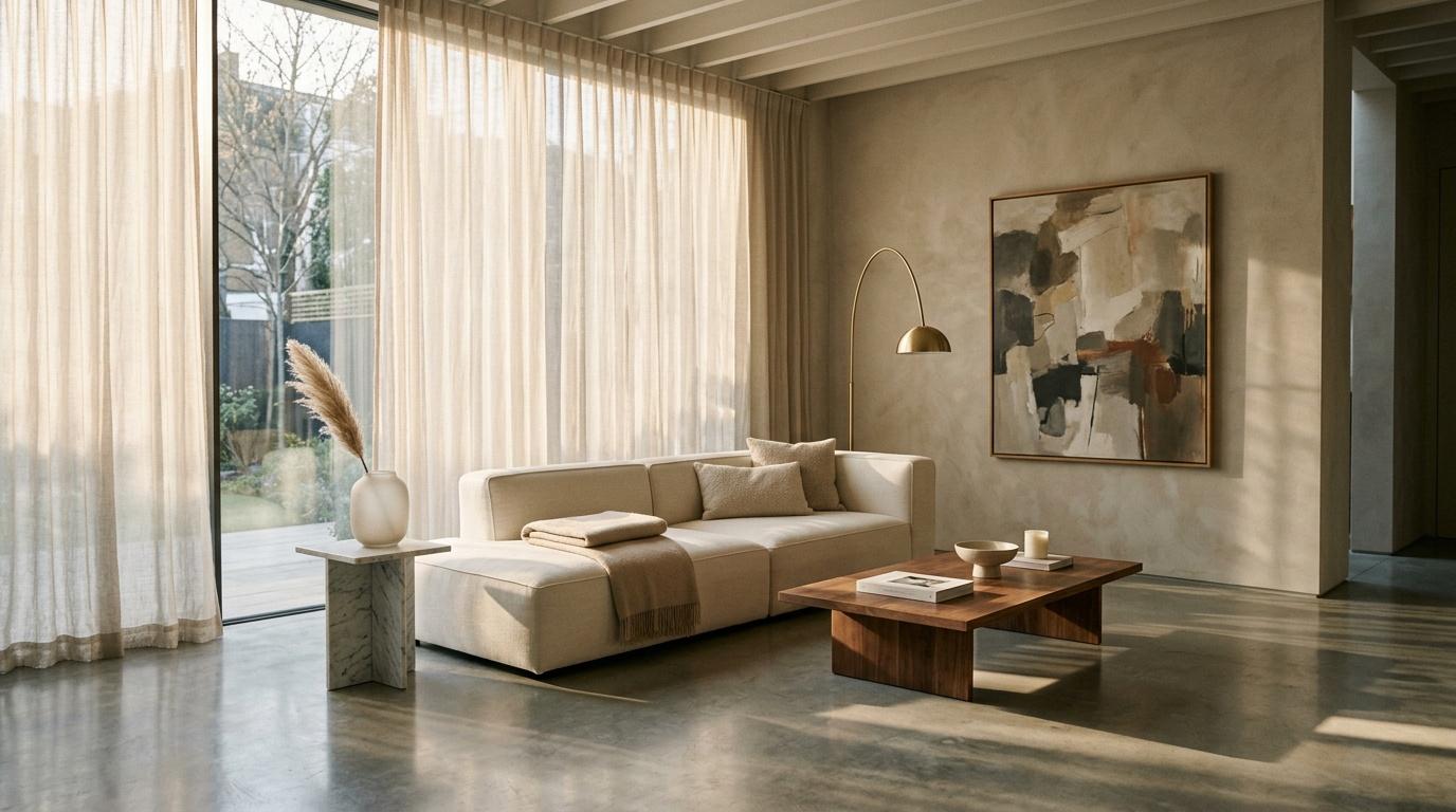 Salon moderne avec canap&eacute; beige, baie vitr&eacute;e et d&eacute;coration &eacute;pur&eacute;e