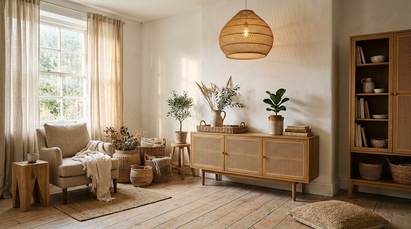 Int&eacute;rieur moderne avec meubles bois, plantes et d&eacute;coration naturelle