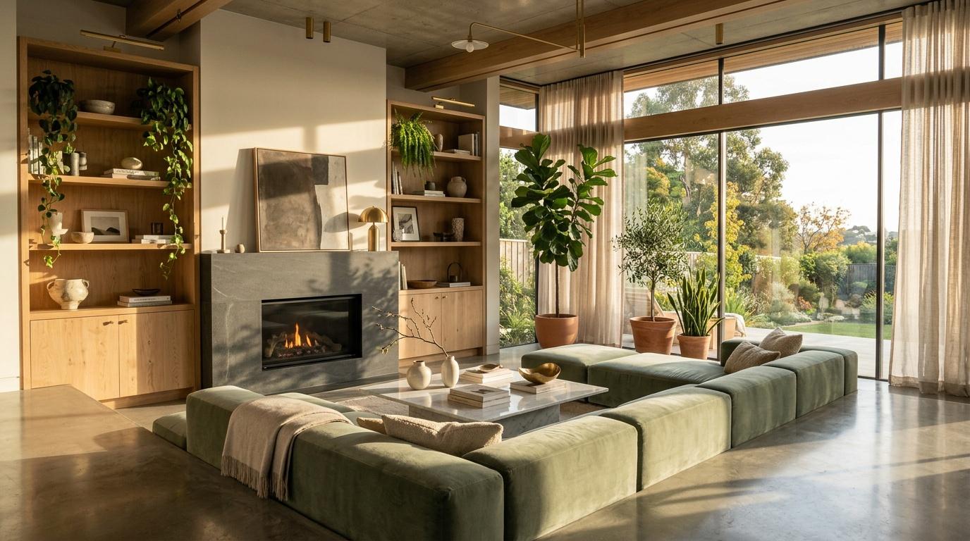 Salon contemporain avec canapé vert, cheminée grise et baies vitrées.