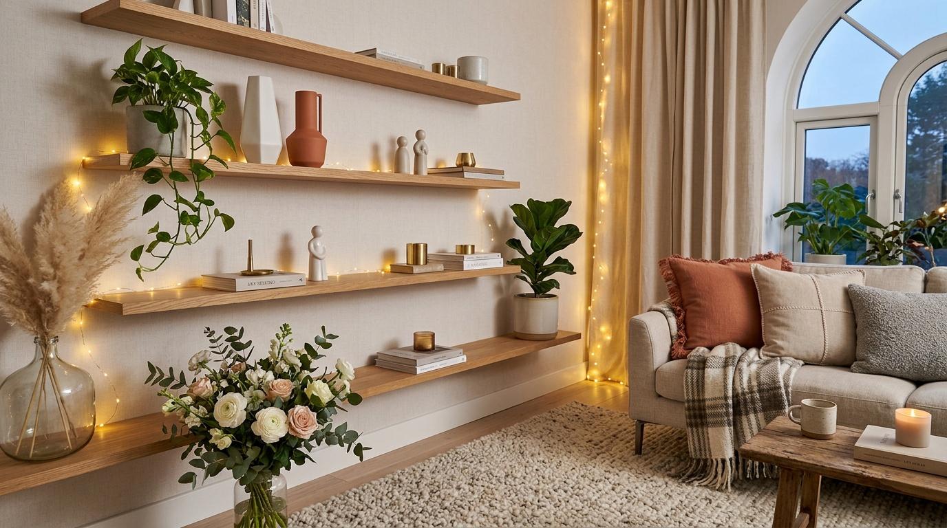 Salon lumineux avec &eacute;tag&egrave;res en bois, plantes vertes et d&eacute;coration chaleureuse.
