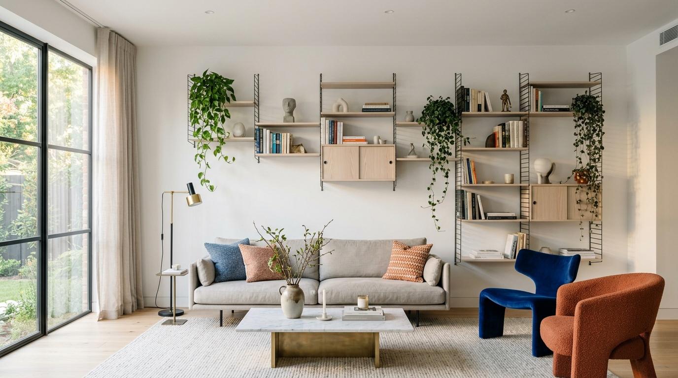 Salon lumineux avec canap&eacute; gris, fauteuils color&eacute;s et &eacute;tag&egrave;res murales