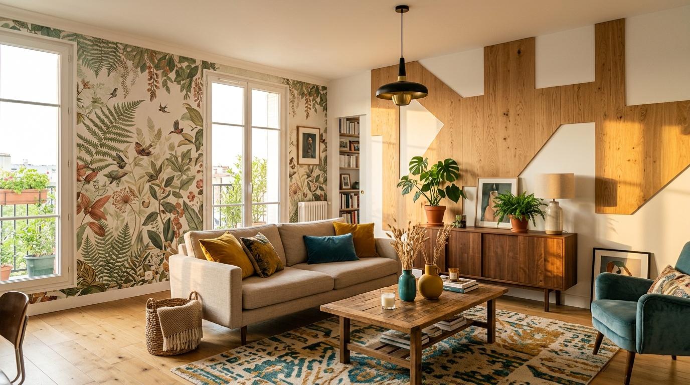 Salon lumineux avec canap&eacute; beige, papier peint floral, parquet bois