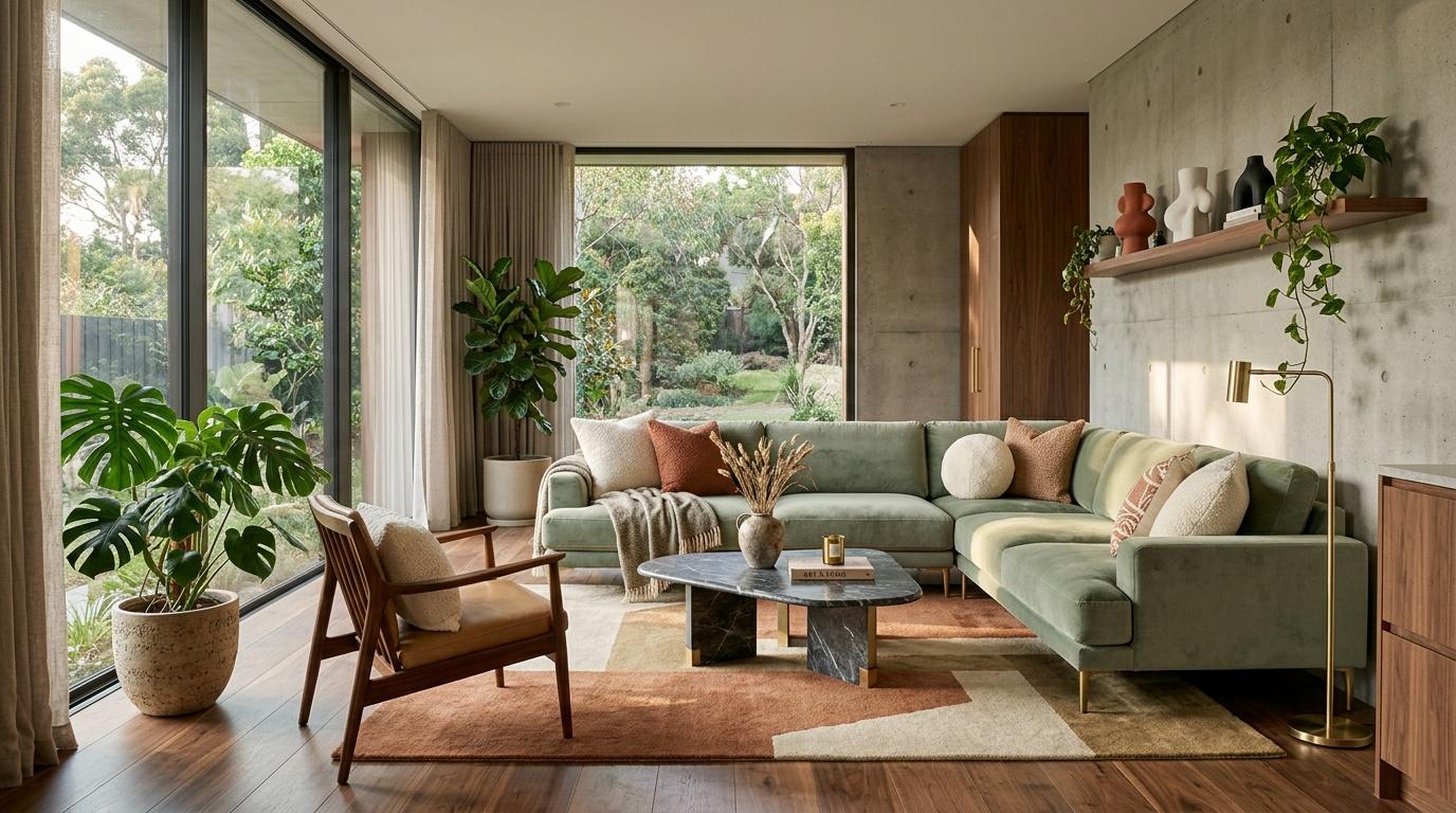 Salon contemporain avec canapé vert, plantes et baie vitrée