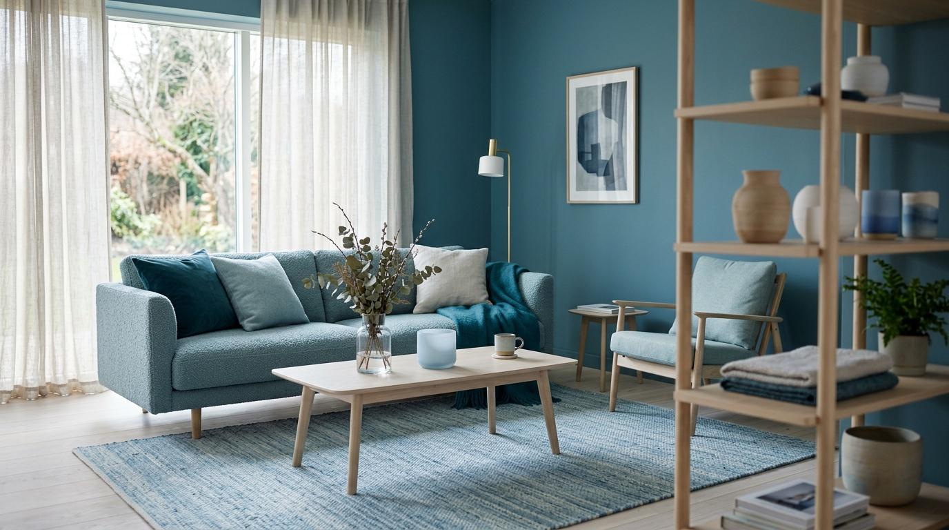 Salon contemporain avec canap&eacute; bleu, murs teal et mobilier bois naturel