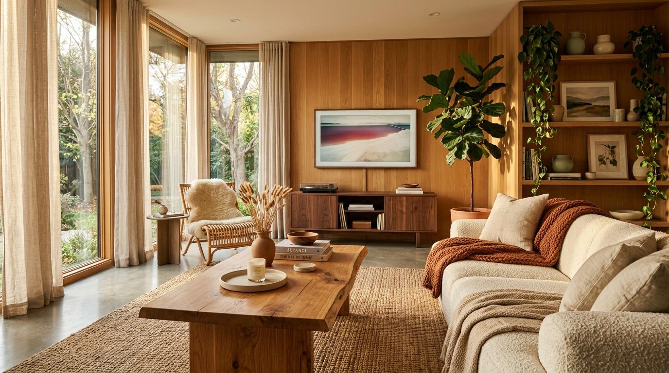 Salon contemporain avec murs en bois, mobilier beige, plantes vertes