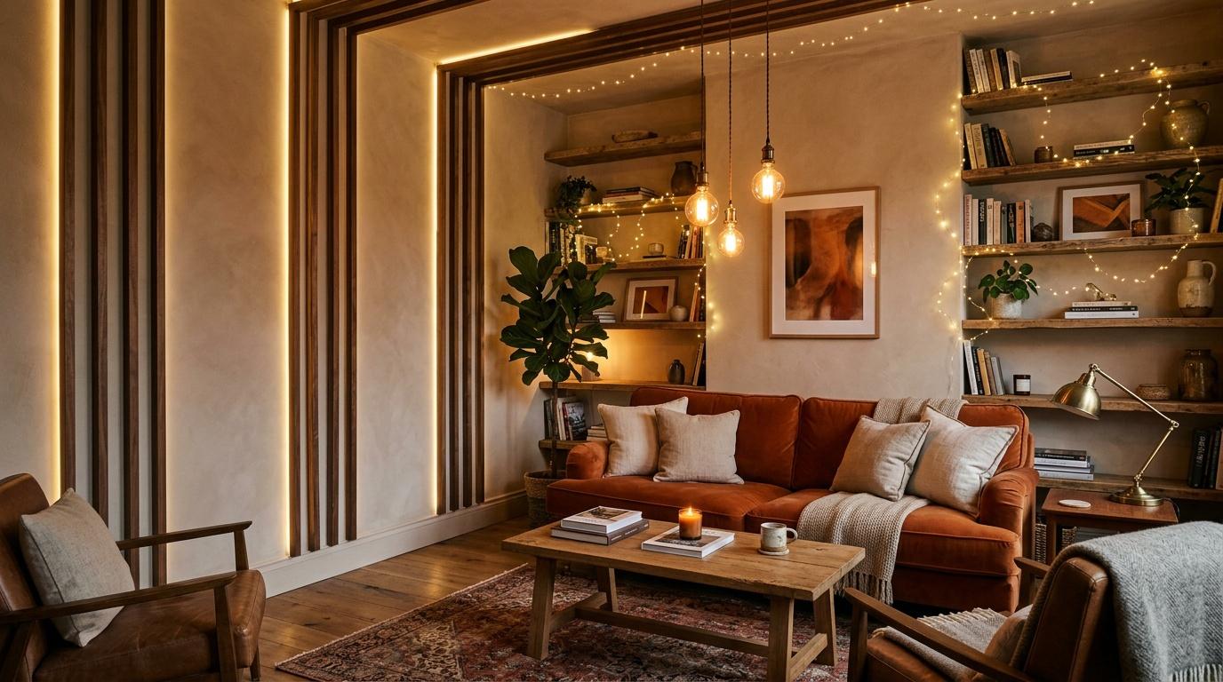 Salon contemporain avec canap&eacute; cognac, &eacute;clairage ambient dor&eacute;