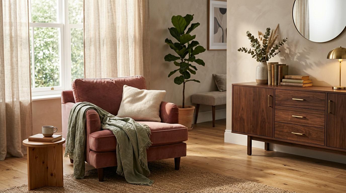 Salon avec fauteuil terracotta, plantes et mobilier bois