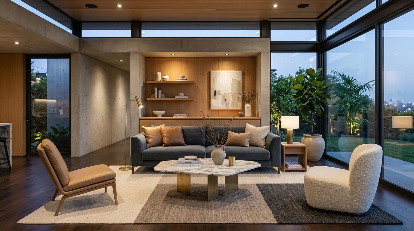 Salon épuré avec canapé gris, fauteuils beige, baie vitrée panoramique