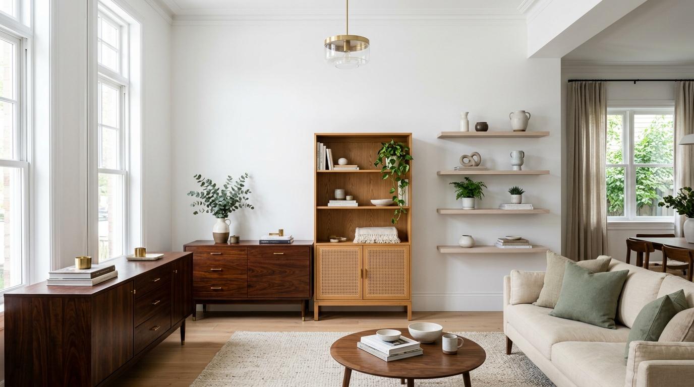 Salon lumineux avec mobilier bois, canap&eacute; beige et &eacute;tag&egrave;res blanches