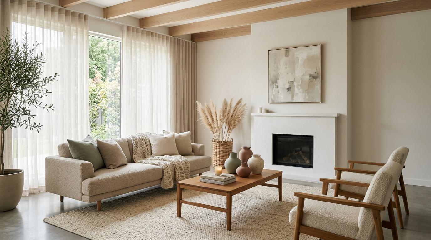 Salon contemporain avec canapé beige, cheminée et mobilier bois naturel