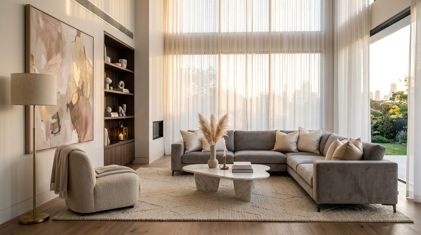 Salon contemporain avec canap&eacute; gris, fauteuil beige, baies vitr&eacute;es