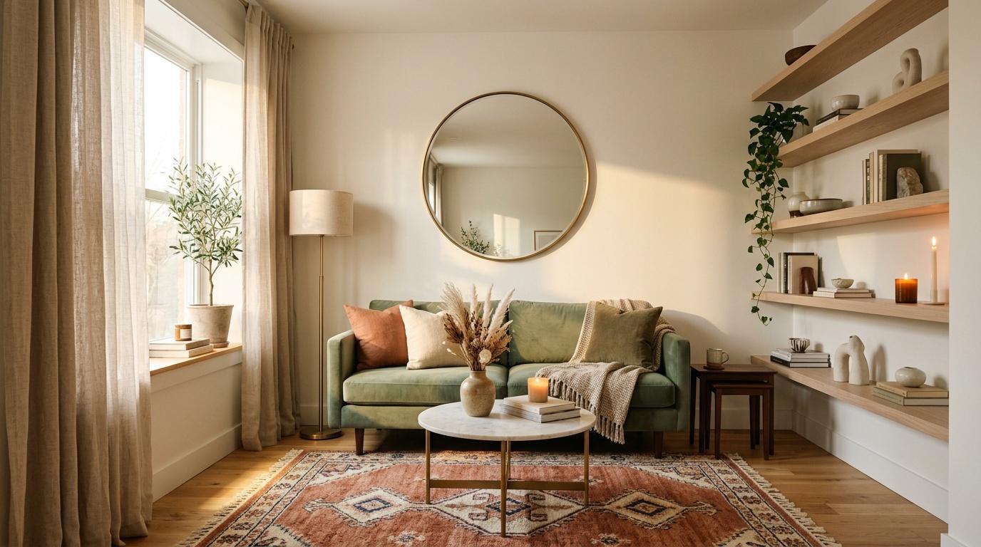 Salon avec canapé vert, miroir rond, étagères bois et tapis oriental