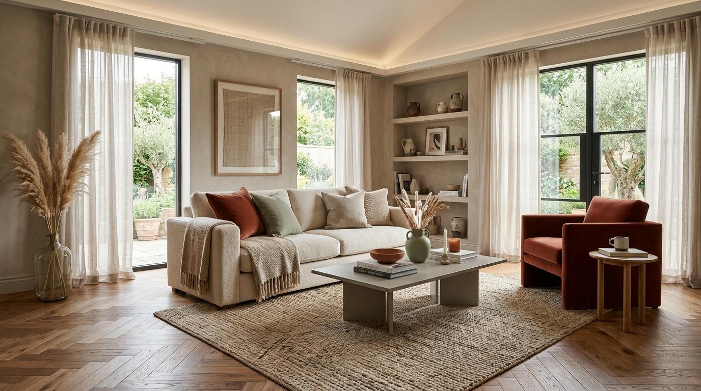 Salon contemporain avec canap&eacute; beige, fauteuil terracotta et baies vitr&eacute;es