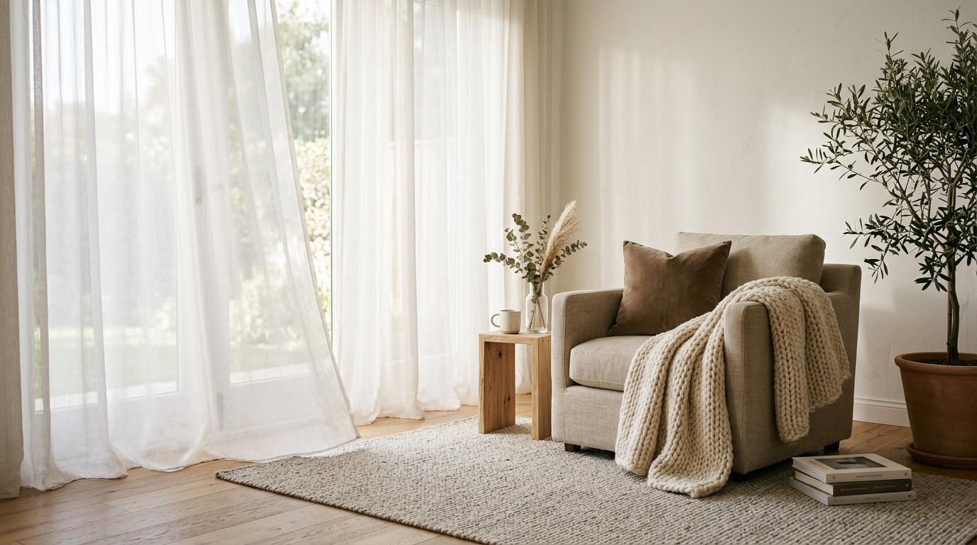 Fauteuil beige avec plaid dans intérieur épuré